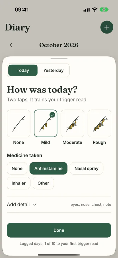The evening check-in: How was today? None, Mild, Moderate or Rough, and the medicine you took.