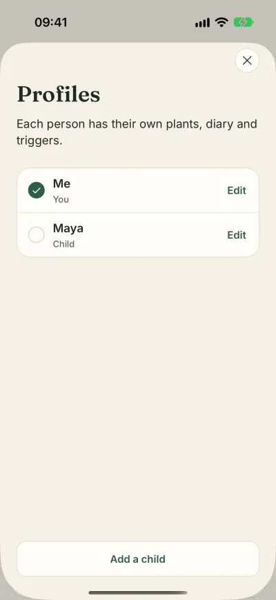 Profiles: Me and Maya, each with their own plants, diary and triggers.