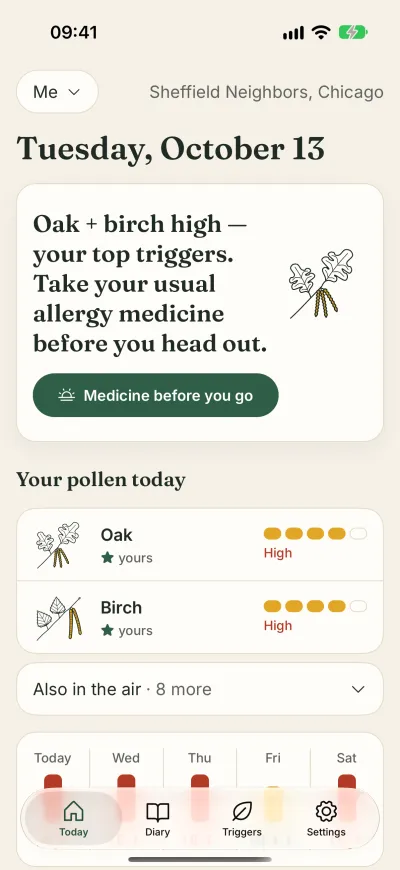 The Today screen: Oak + birch high — your top triggers. Take your usual allergy medicine before you head out.