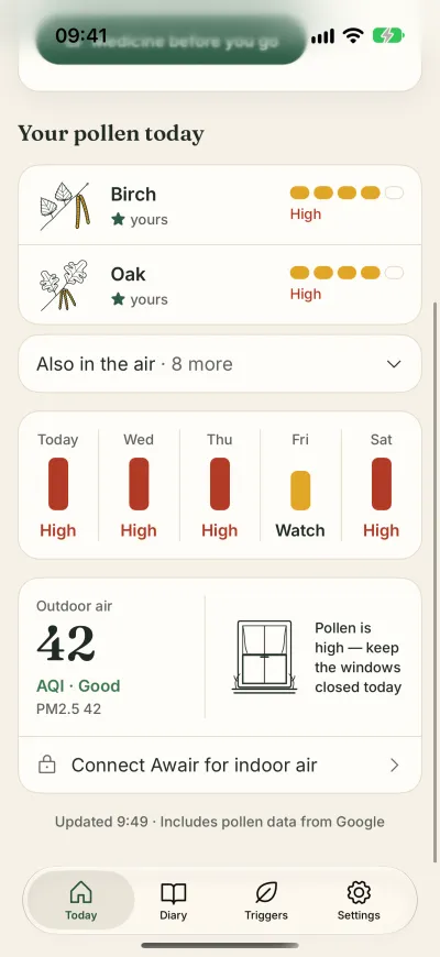 Today: outdoor air 42, good, with advice to keep the windows closed and a row to connect Awair.