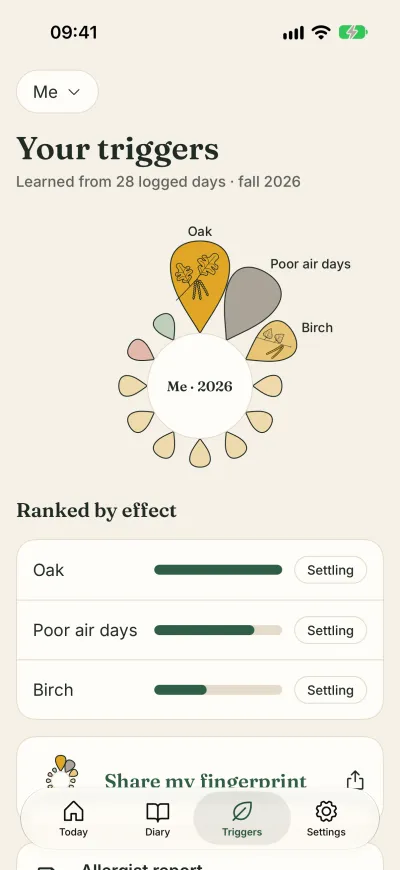 Your triggers: a petal ring with Oak, Poor air days and Birch, ranked by effect.