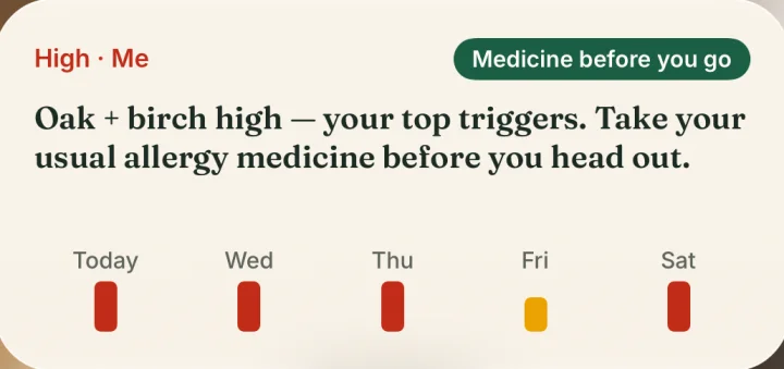 The Home Screen widget with the same verdict and a five-day strip.